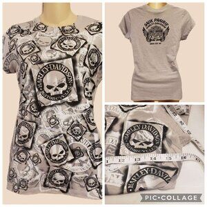 Ladies Cut Harley Davidson T-Shirt 2009 Skulls Front Grey, Taupe, Large (See Ad)